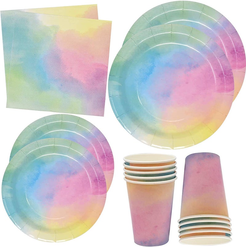 Gift Boutique 122 Pcs Pastel Rainbow Party Supplies Set Paper Plates Cups Napkins Watercolor Design for Baby Shower Birthday Girls Party Serves 24 - Image 1